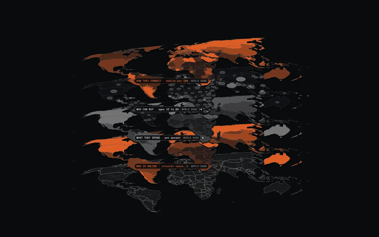 Four world map layers stacked in perspective: internet users, household spending, working-age population and mobile subscriptions.